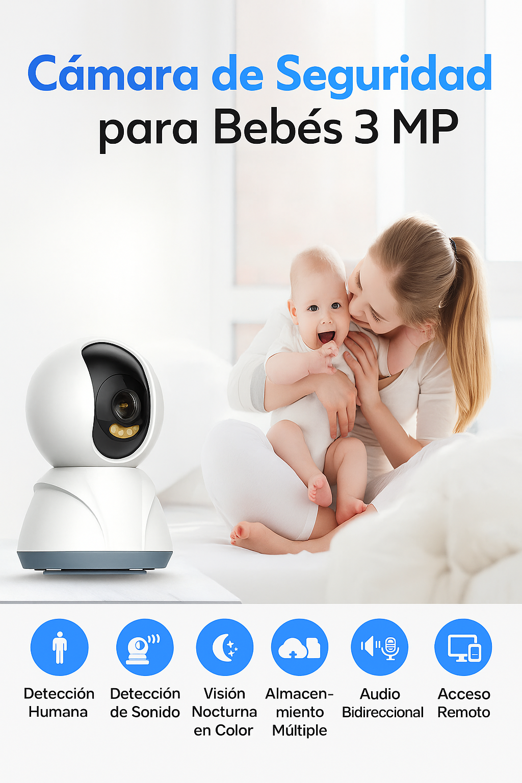 Cámara Wifi 3 Mp 360° Audio Voz Vision Noche Mascotas Bebes