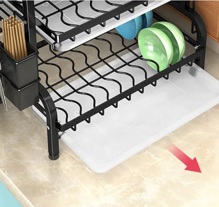 Escurridor de Platos de 2 Niveles con Bandeja con Soporte para Utensilios