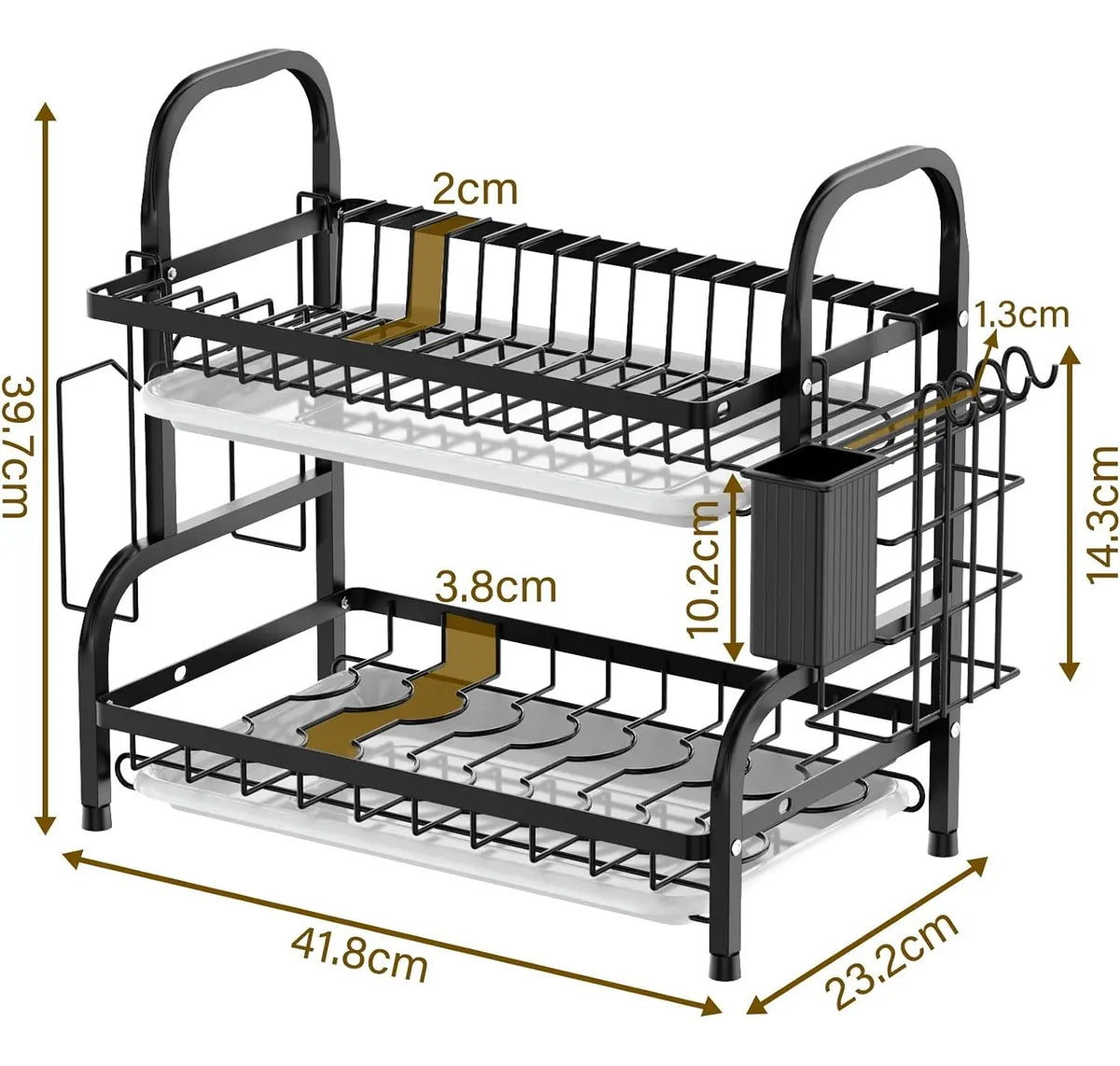 Escurridor de Platos de 2 Niveles con Bandeja con Soporte para Utensilios