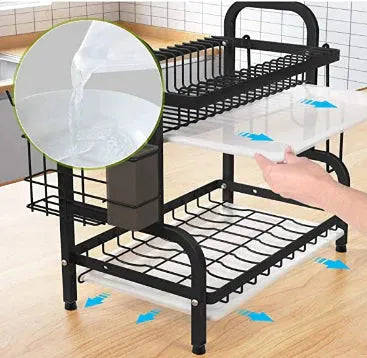 Escurridor de Platos de 2 Niveles con Bandeja con Soporte para Utensilios