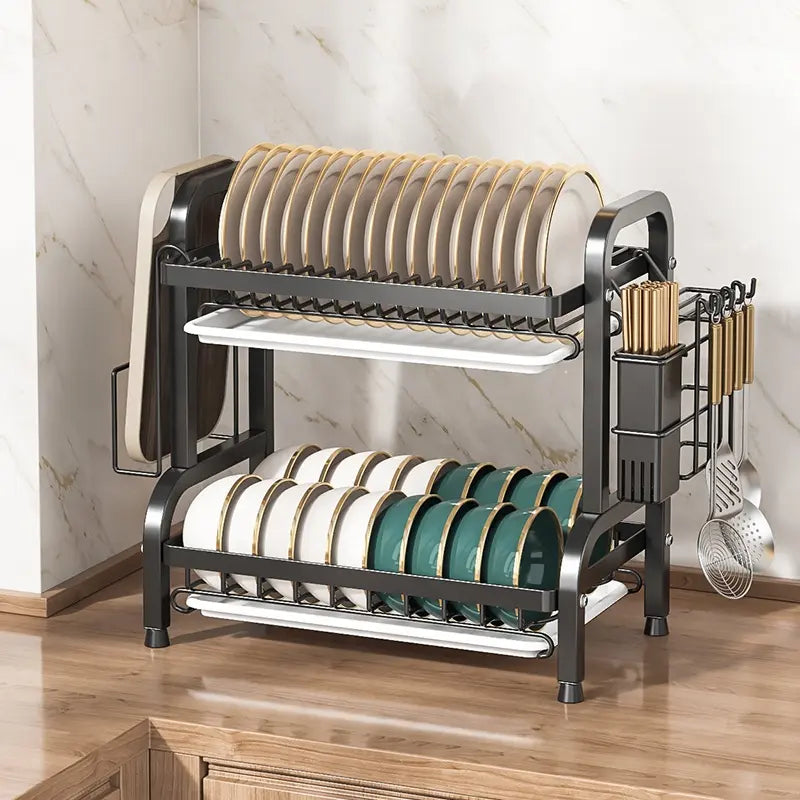 Escurridor de Platos de 2 Niveles con Bandeja con Soporte para Utensilios